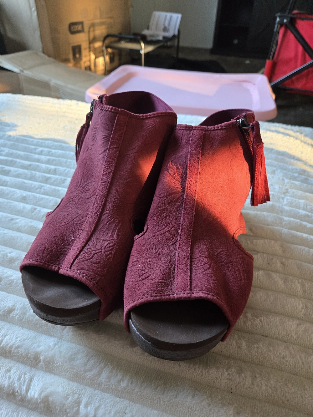 Yellow Box Burgundy Open-Toe Wedge Booties with Tassel Zip